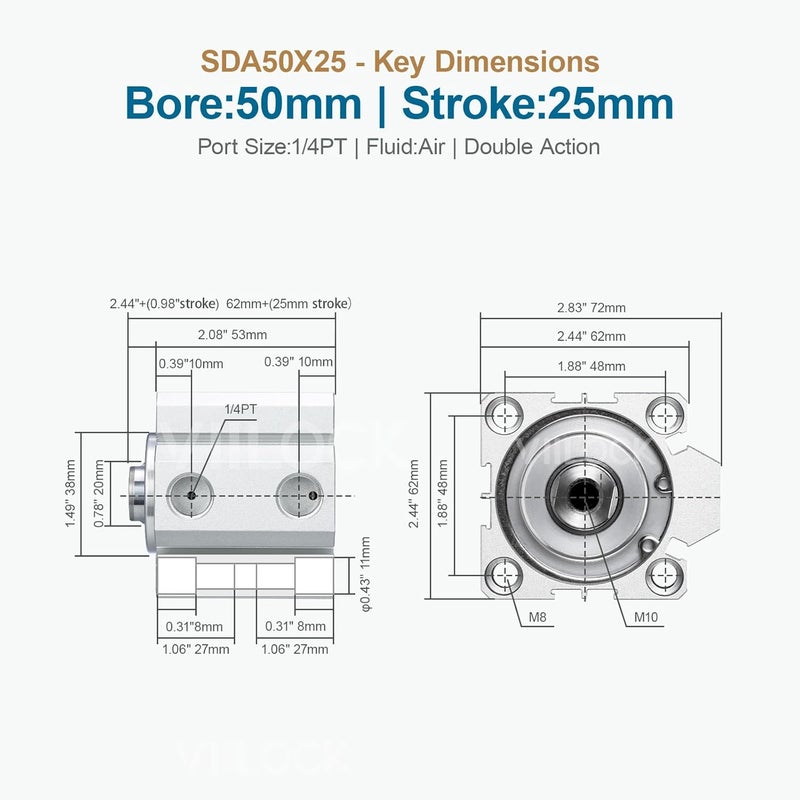 VIILOCK Pneumatic Air Cylinder 50mm Bore 25mm Stroke, Thin Air Cylinder Double Action Hydraulic Cylinders SDA 50 X 25 - Image 3